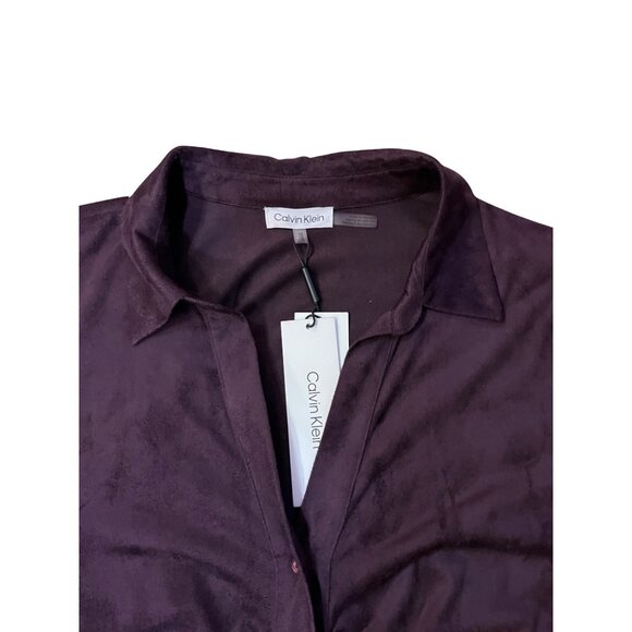 Calvin Klein Womens 1X Plum Aubergine Blouse Ruched Front Micro Suede New - Picture 13 of 16